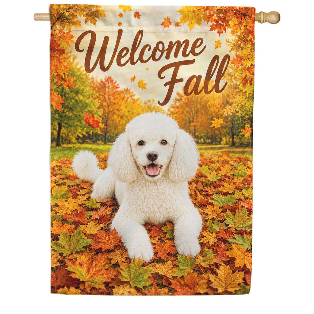 America Forever Welcome Fall White Poodle Autumn Leaves House Flag