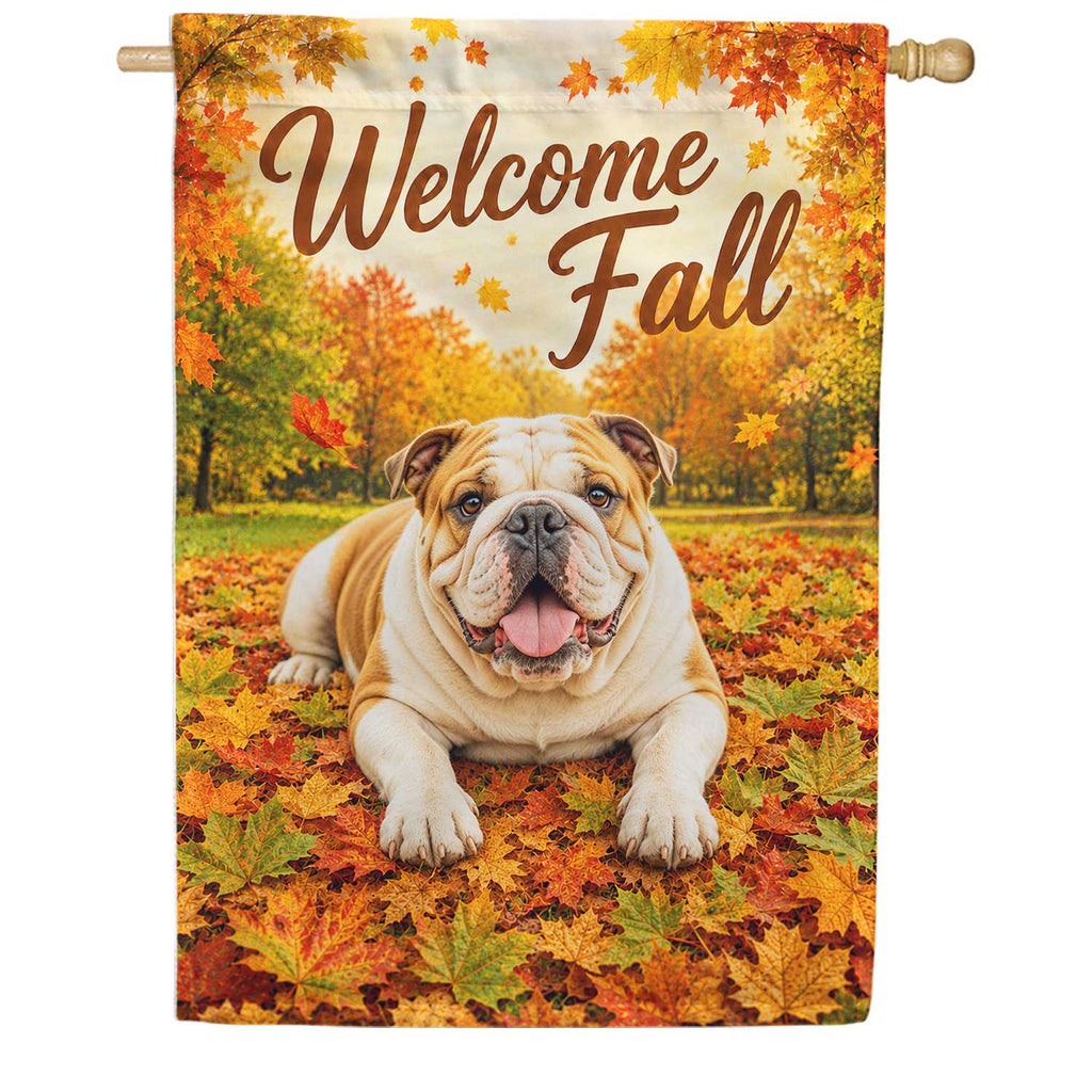 America Forever Welcome Fall English Bulldog Autumn Leaves House Flag