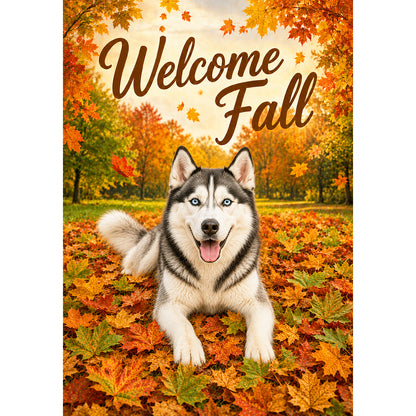 America Forever Welcome Fall Siberian Husky House Flag
