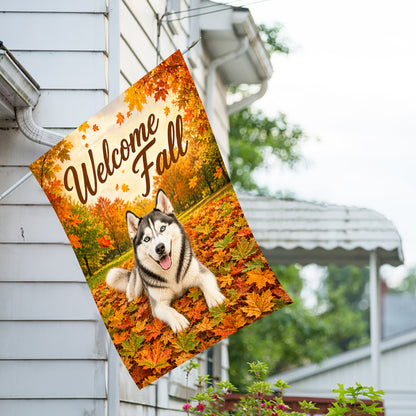 America Forever Welcome Fall Siberian Husky House Flag
