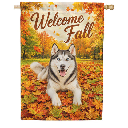 America Forever Welcome Fall Siberian Husky House Flag