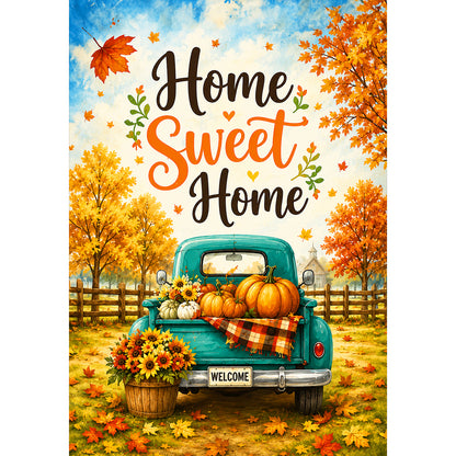 America Forever Home Sweet Home Fall Truck Pumpkin House Flag