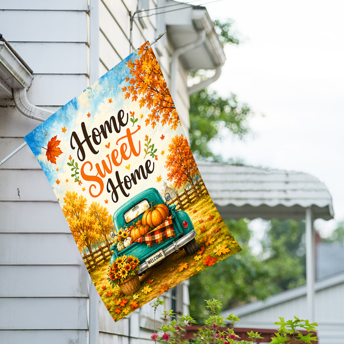 America Forever Home Sweet Home Fall Truck Pumpkin House Flag