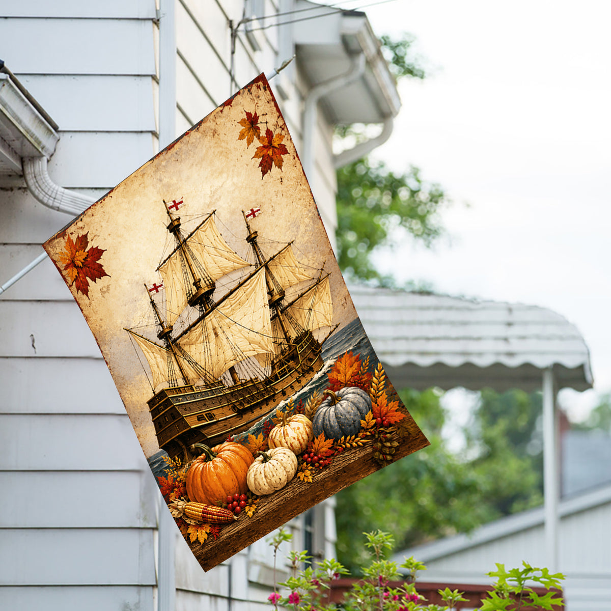 America Forever Mayflower Ship Autumn Harvest Thanksgiving House Flag