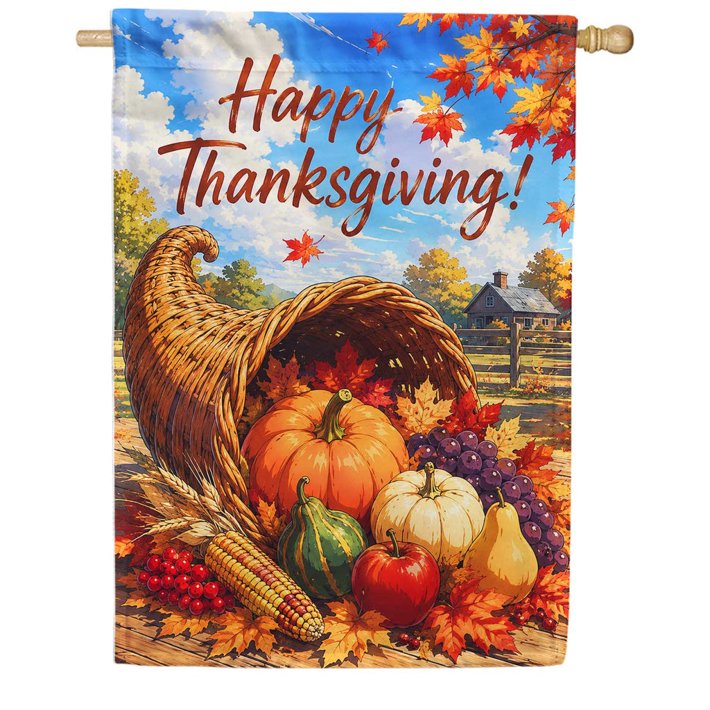 America Forever Happy Thanksgiving Cornucopia Harvest House Flag