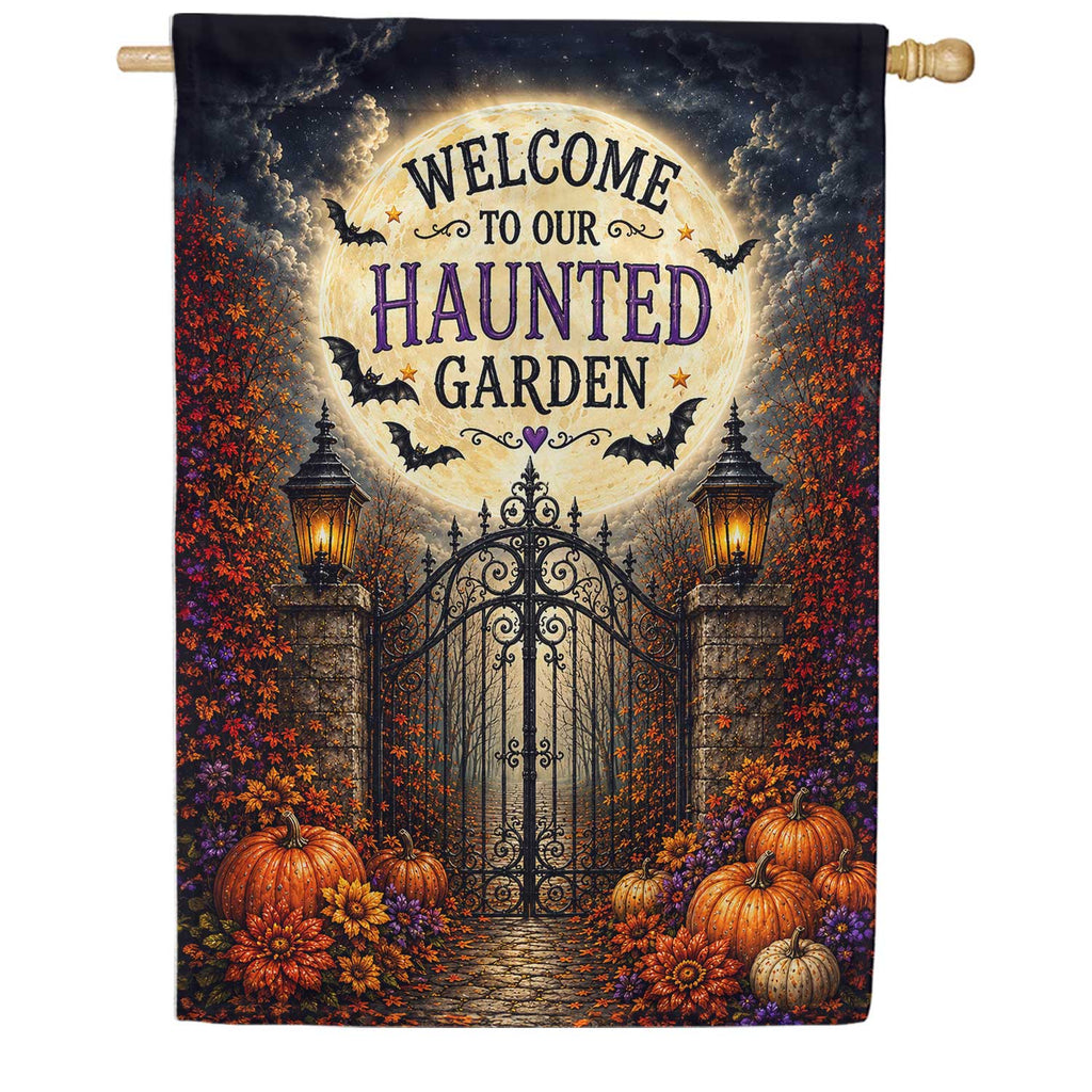 America Forever Welcome To Our Haunted Garden Halloween House Flag