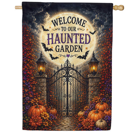America Forever Welcome To Our Haunted Garden Halloween House Flag