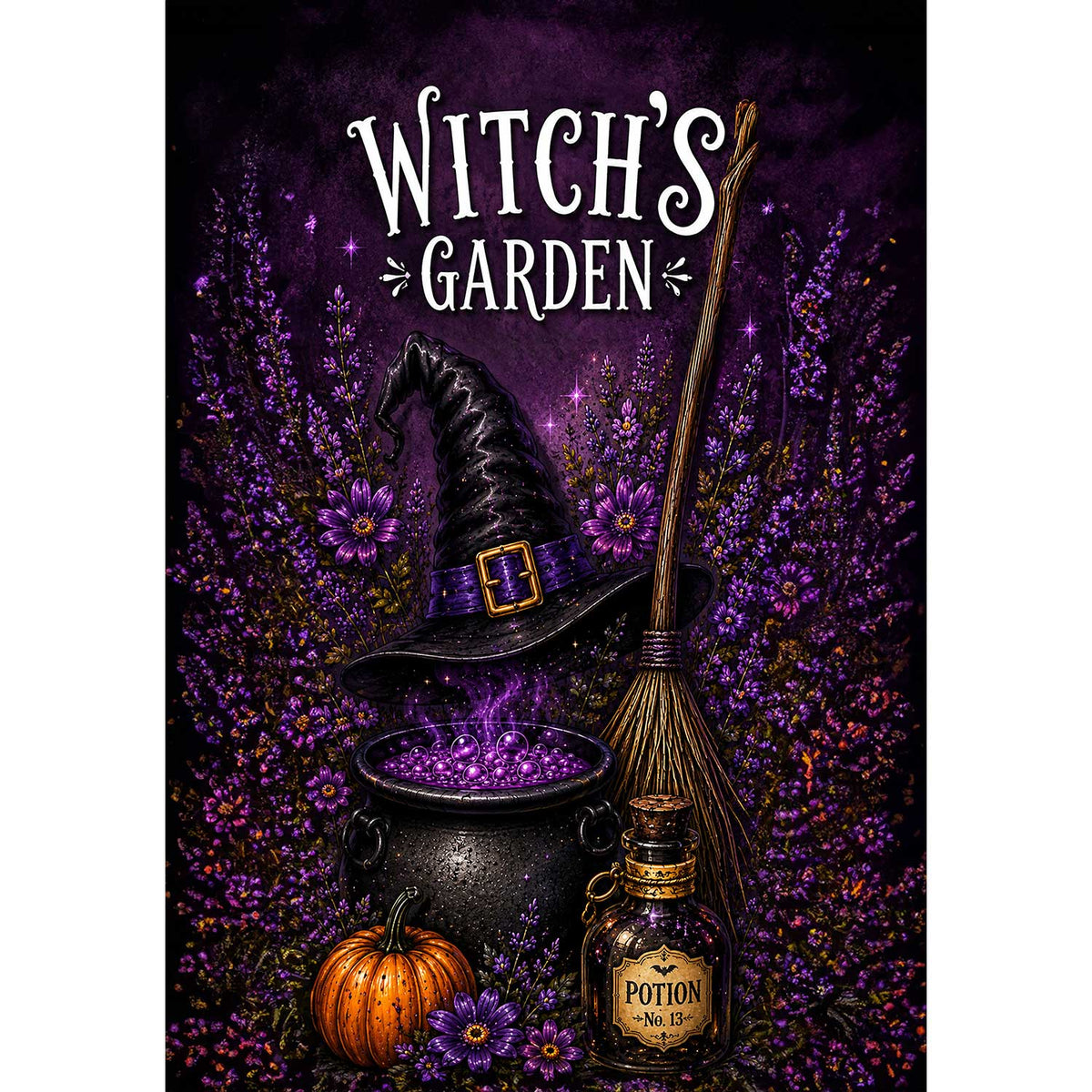 America Forever Witch's Garden Halloween Cauldron and Broom House Flag