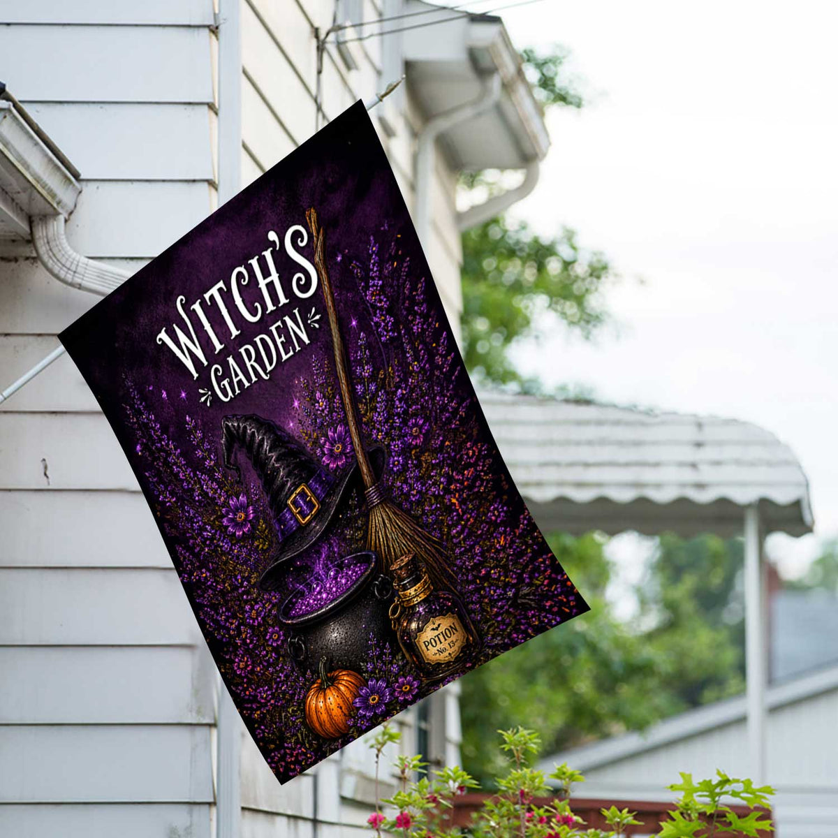 America Forever Witch's Garden Halloween Cauldron and Broom House Flag