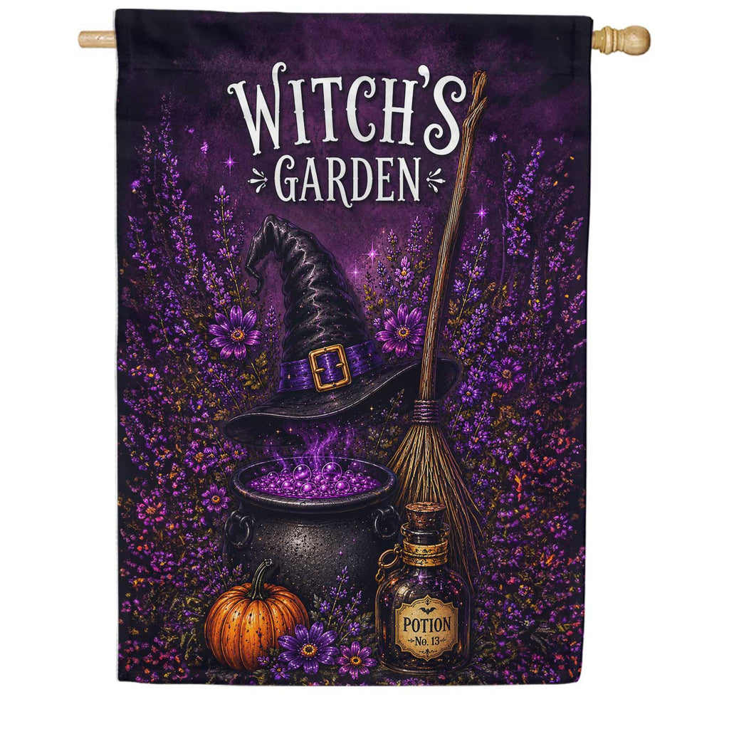 America Forever Witch's Garden Halloween Cauldron and Broom House Flag