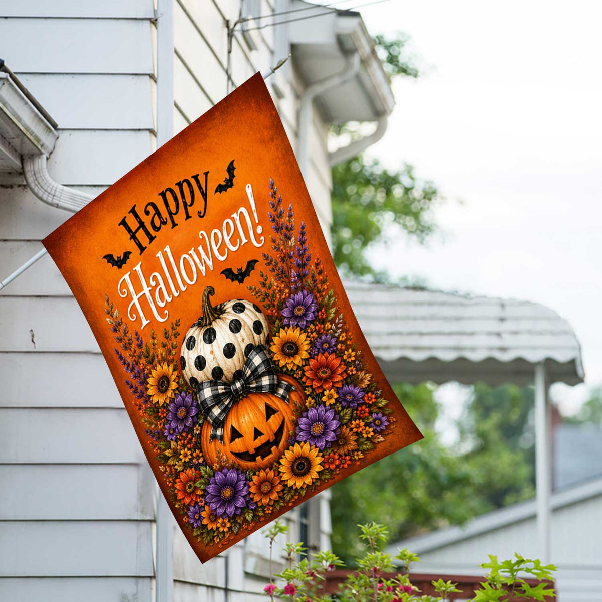 America Forever Happy Halloween Stacked Pumpkins House Flag
