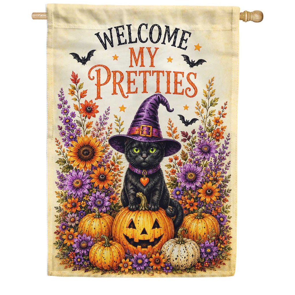 America Forever Welcome My Pretties Halloween Black Cat House Flag