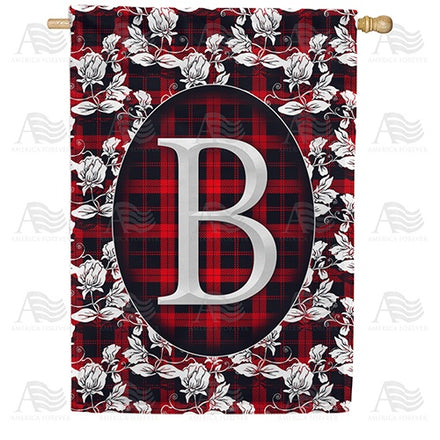 Elegant Red And Black Plaid Monogram House Flag