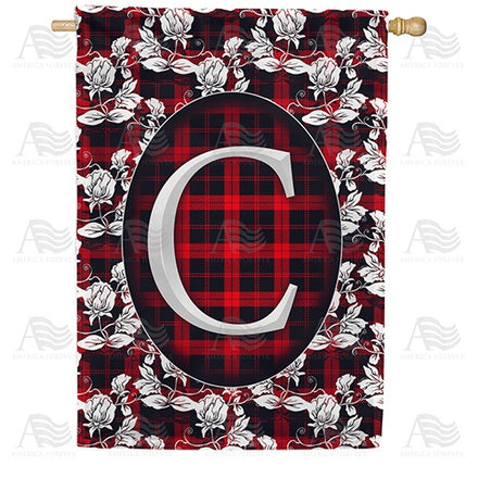 Elegant Red And Black Plaid Monogram House Flag