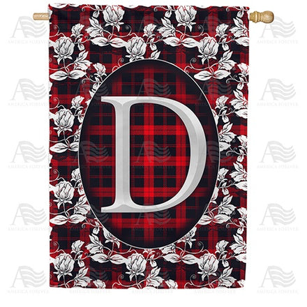 Elegant Red And Black Plaid Monogram House Flag