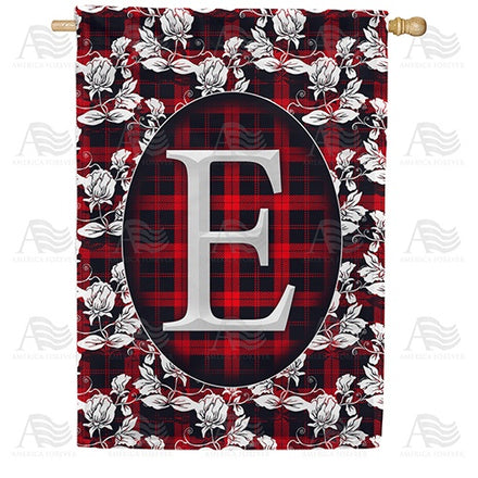 Elegant Red And Black Plaid Monogram House Flag