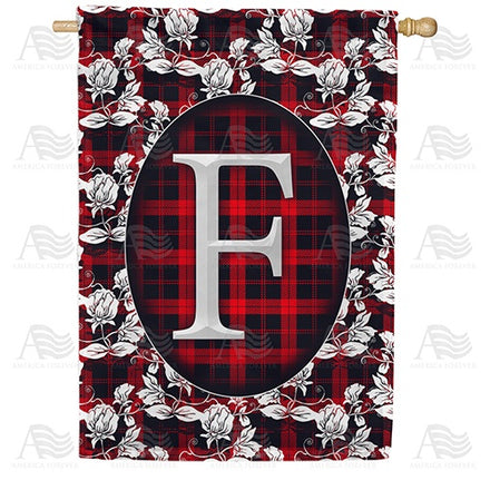 Elegant Red And Black Plaid Monogram House Flag
