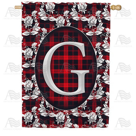 Elegant Red And Black Plaid Monogram House Flag
