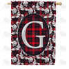 Elegant Red And Black Plaid Monogram House Flag