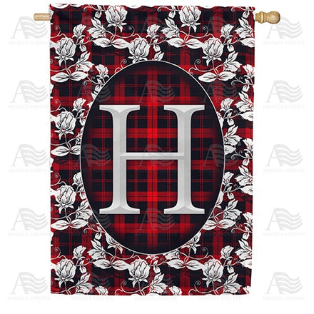 Elegant Red And Black Plaid Monogram House Flag