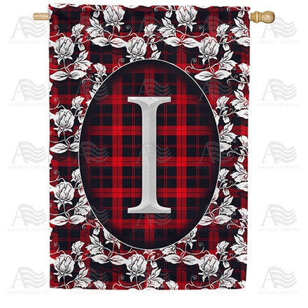 Elegant Red And Black Plaid Monogram House Flag