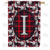 Elegant Red And Black Plaid Monogram House Flag