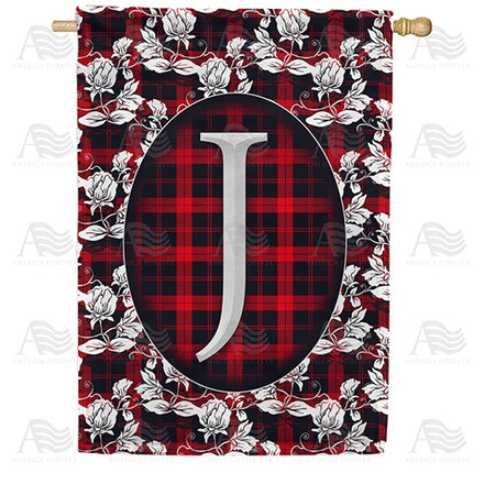 Elegant Red And Black Plaid Monogram House Flag