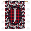 Elegant Red And Black Plaid Monogram House Flag