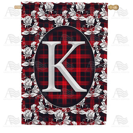 Elegant Red And Black Plaid Monogram House Flag
