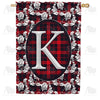 Elegant Red And Black Plaid Monogram House Flag