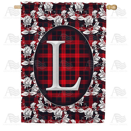 Elegant Red And Black Plaid Monogram House Flag