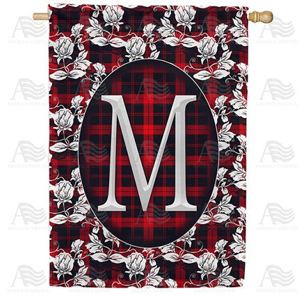Elegant Red And Black Plaid Monogram House Flag
