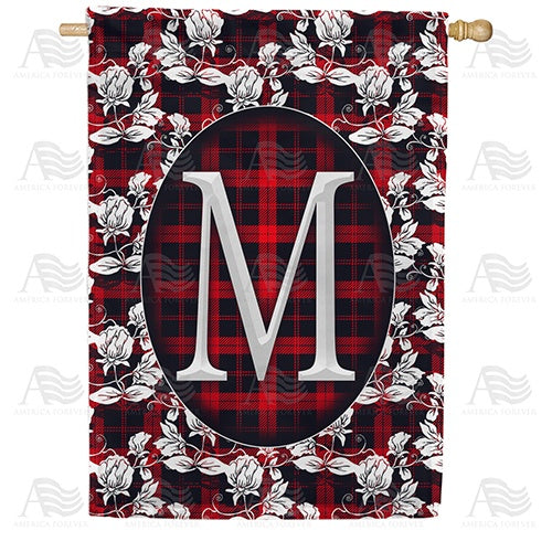 Elegant Red And Black Plaid Monogram House Flag
