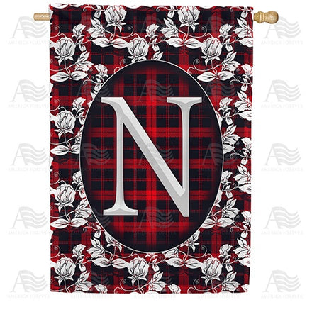 Elegant Red And Black Plaid Monogram House Flag