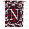 Elegant Red And Black Plaid Monogram House Flag