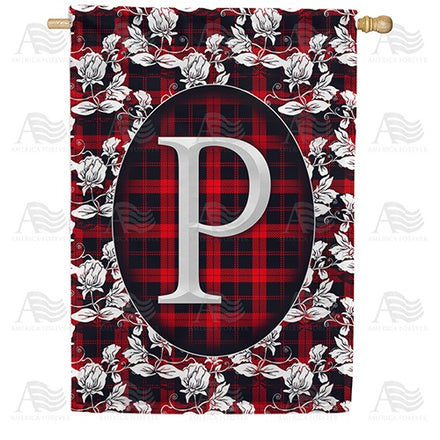 Elegant Red And Black Plaid Monogram House Flag