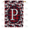 Elegant Red And Black Plaid Monogram House Flag