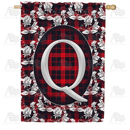 Elegant Red And Black Plaid Monogram House Flag