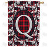 Elegant Red And Black Plaid Monogram House Flag