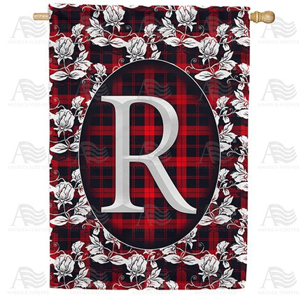 Elegant Red And Black Plaid Monogram House Flag