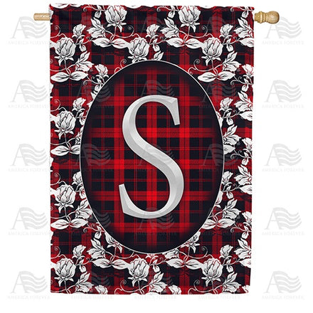 Elegant Red And Black Plaid Monogram House Flag