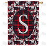 Elegant Red And Black Plaid Monogram House Flag