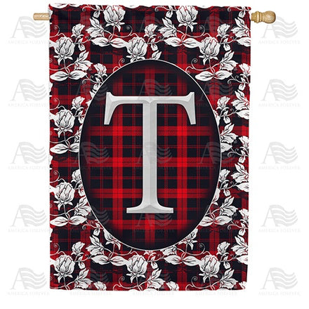 Elegant Red And Black Plaid Monogram House Flag