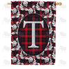 Elegant Red And Black Plaid Monogram House Flag
