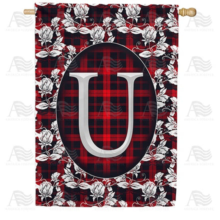 Elegant Red And Black Plaid Monogram House Flag