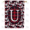 Elegant Red And Black Plaid Monogram House Flag