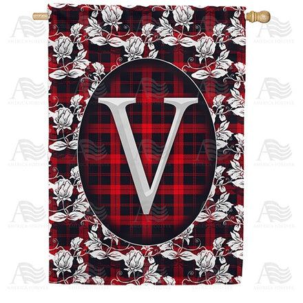 Elegant Red And Black Plaid Monogram House Flag