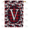 Elegant Red And Black Plaid Monogram House Flag
