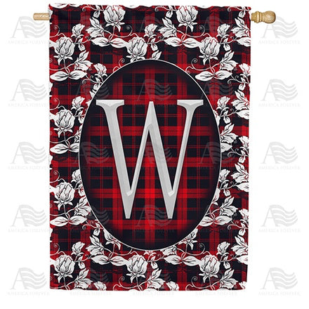 Elegant Red And Black Plaid Monogram House Flag
