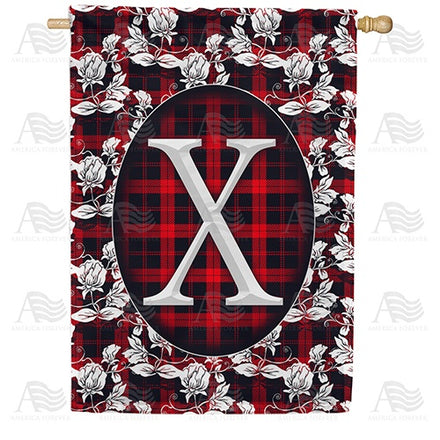 Elegant Red And Black Plaid Monogram House Flag